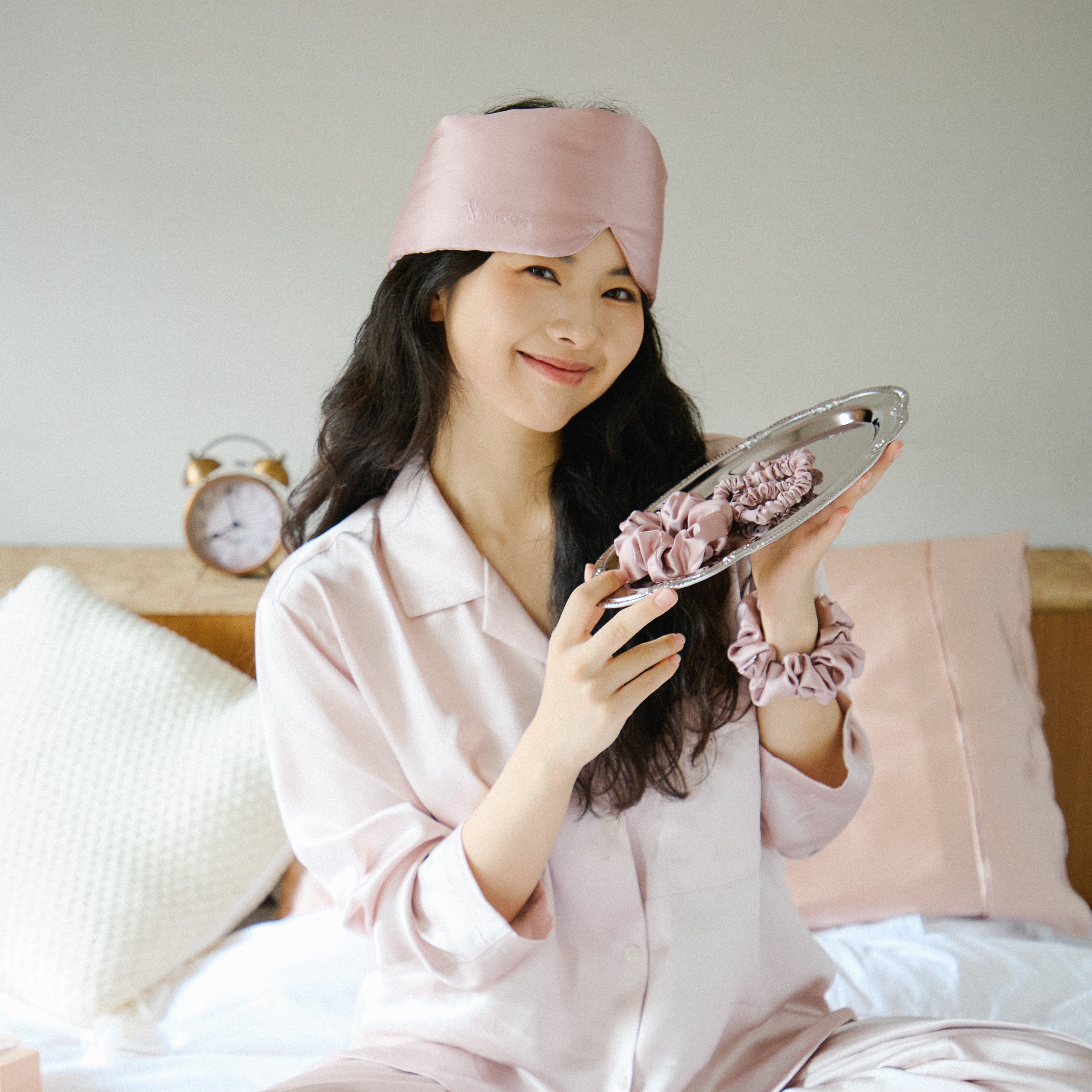 胭脂粉真絲髮圈套裝