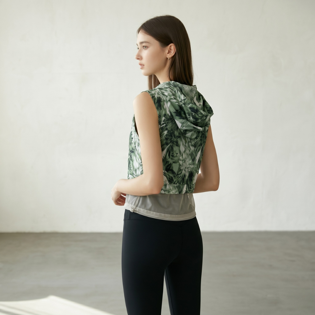 Layered Hooded Vest - Green Graffiti Print