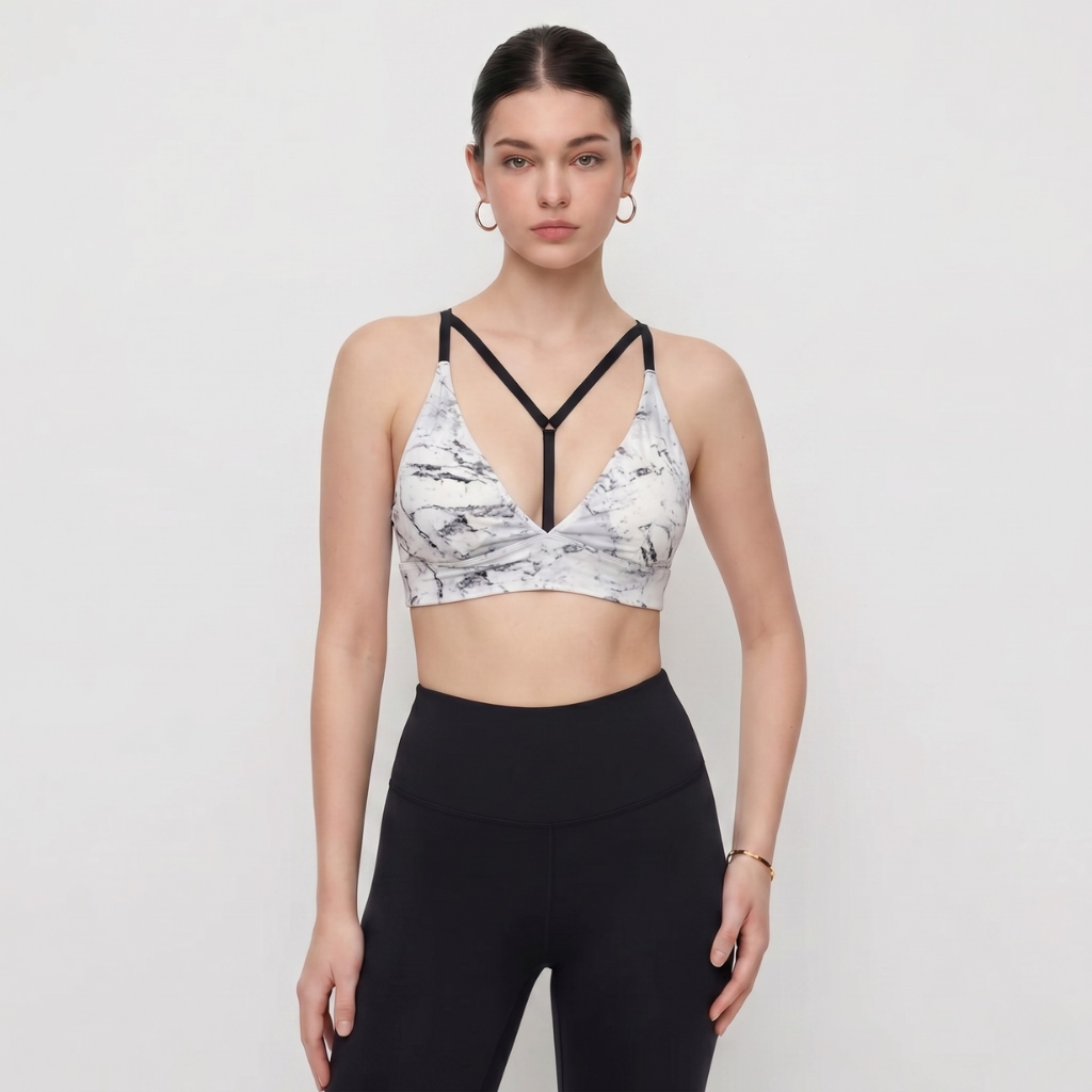 Pendant Y-Neck Sports Bra - White Marble