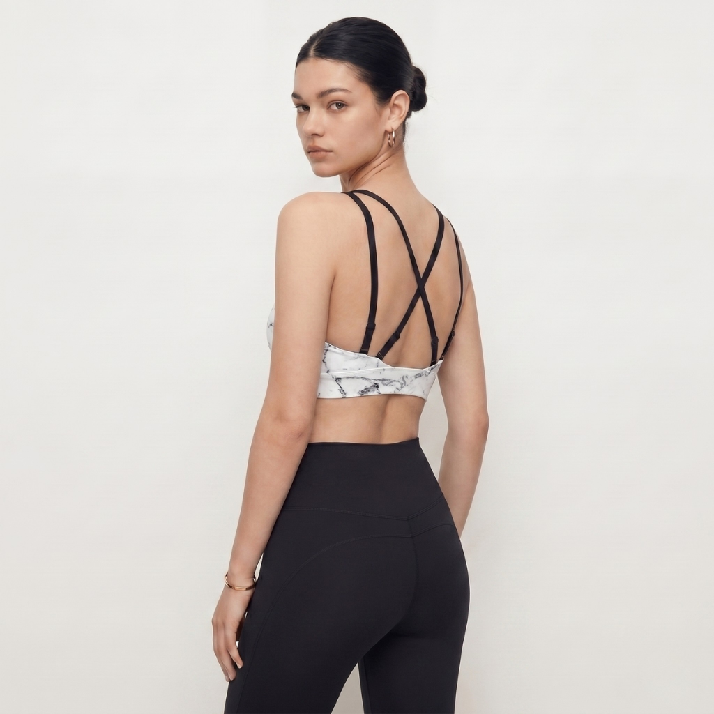Pendant Y-Neck Sports Bra - White Marble