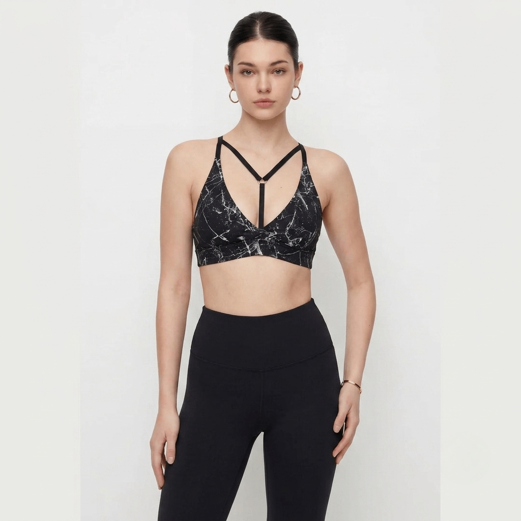 Pendant Y-Neck Sports Bra - Black Marble