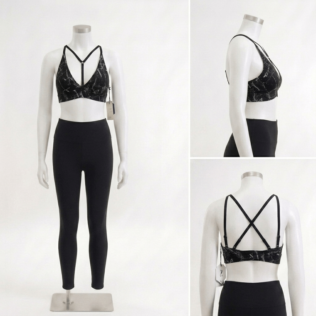 Pendant Y-Neck Sports Bra - Black Marble
