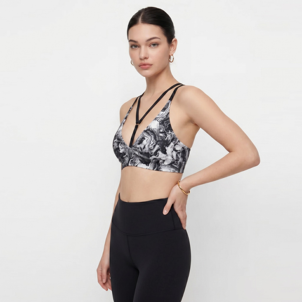 Pendant Y-Neck Sports Bra - Grey Marble
