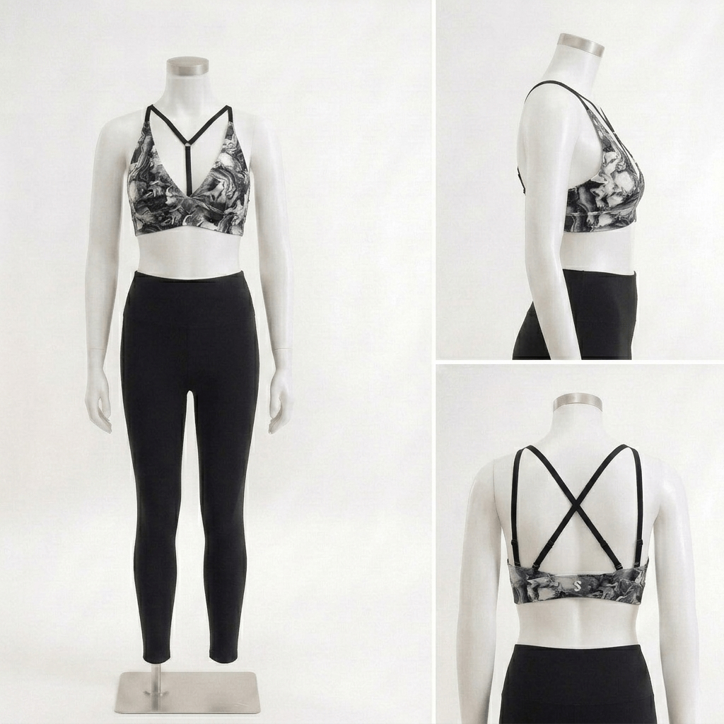 Pendant Y-Neck Sports Bra - Grey Marble
